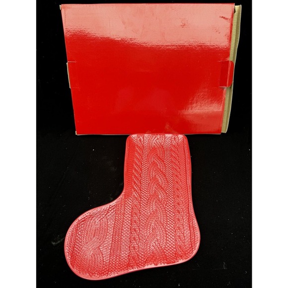 Melamine Knit Sweater Motif Design Red Stocking Platter Brand New In Box! - Picture 1 of 10